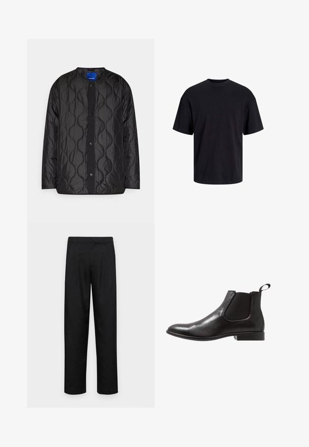 Giubbotto nero trapuntato con colletto rotondo, chiusura frontale con bottoni a pressione e motivo a onde testurizzate sul tessuto.; T-shirt in cotone nero con collo rotondo, maniche corte e vestibilità morbida. Texture liscia senza pattern o dettagli visibili.; Pantaloni neri realizzati in tessuto liscio, caratterizzati da un taglio dritto, due pieghe frontali e una vita standard con passanti per la cintura.; Stivale Chelsea in pelle nera con pannelli elastici laterali e una linguetta. Design elegante con punta arrotondata e tacco basso impilato.