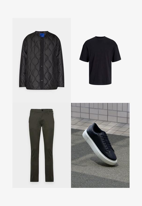 Črna prešita jakna z okroglim ovratnikom, z dotiki gumbov spredaj in teksturiranim valovitim vzorcem na blagu.; Črna bombažna majica s krojačkom izrezom, kratkimi rokavi in sproščenim krojem. Gladka tekstura in brez vidnih vzorcev ali poudarkov.; Beige chinos s slim krojem, narejeni iz gladkega bombažnega materiala. Imajo standardno zaponko in zanke za pas. Oblika z ravnim sprednjim delom.; Črne usnjene superge z zaobljenim prstom in belim gumijastim podplat. Imajo ravne vezalke in minimalno šivanje na zgornjem delu. Teksturirani podplat za oprijem.