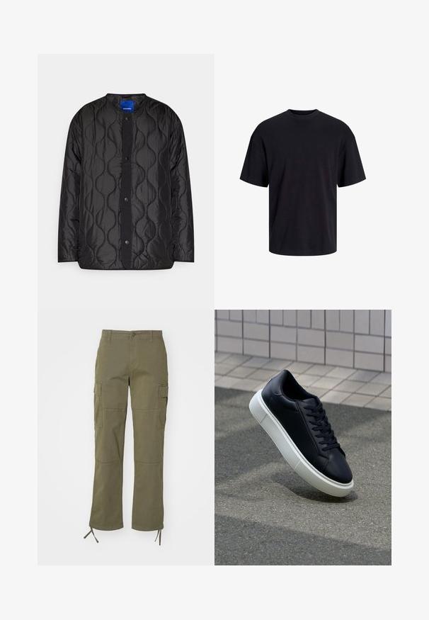 Zwarte gewatteerde jas met een ronde kraag, drukknopen aan de voorkant en een getextureerd golfpatroon op de stof.; Zwarte katoenen t-shirt met een ronde halslijn, korte mouwen en een relaxte pasvorm. Glad textuur en geen zichtbare patronen of accenten.; Olijfgroene cargobroek met een recht gesneden ontwerp, voorzien van twee zijzakken en verstelbare banden aan de enkels. Gemaakt van duurzaam materiaal.; Zwarte leren sneaker met een ronde neus en een witte rubberen zool. Voorzien van platte veters en minimale stiksels op het bovenwerk. Textuurrijke zool voor grip.