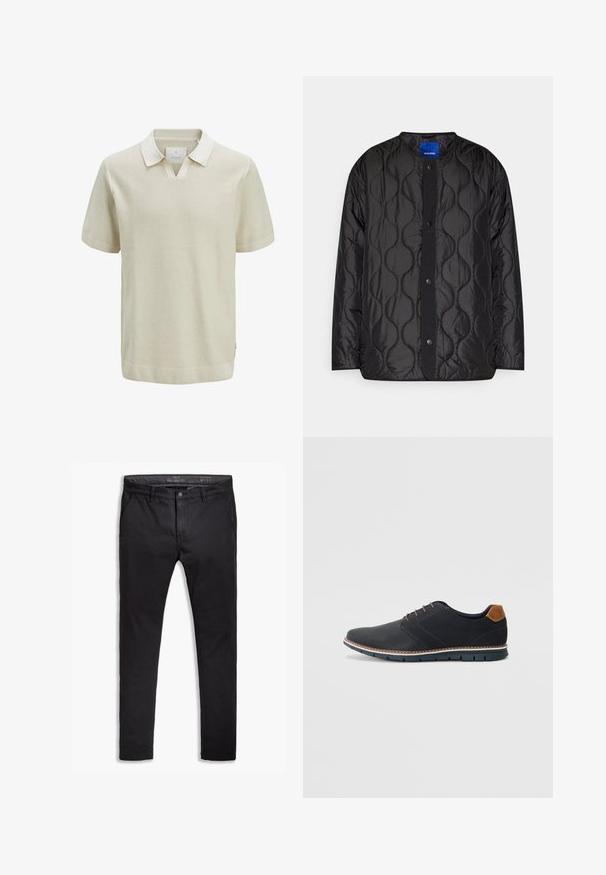 Svart quiltet jakke med rund krage, trykknap-lukking foran og teksturert bølge-mønster på stoffet.; Kortermet beige polo skjorte med et teksturert strikkemønster, kontrasterende krage og ribbede mansjetter. Har v-hals og sidekantsdetaljer.; Svart bomullskino med en tapered passform, med fem lommer, beltehemper og en jevn tekstur. Glidelås med knappelukking.; Sorte syntetiske sko med en teksturert overdel, glatte detaljer, brun hæl og en kontrastfarge på sålen. Har minimalt snøring og sømdetaljer.