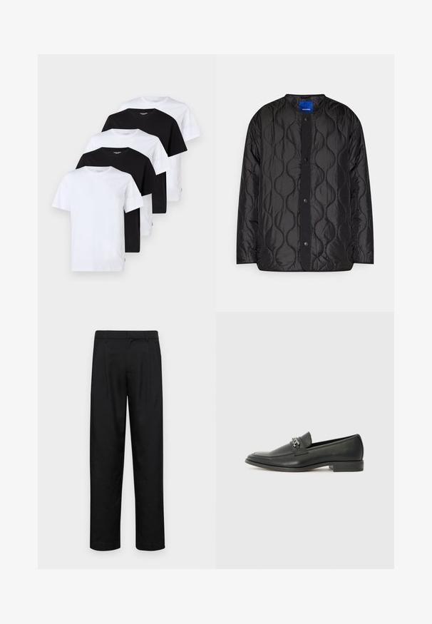 Juodas siuvinėtas švarkas su apykakle, užsegimu priekyje ant spaudžių ir tekstūruota bangų raštu ant audinio.; Jack & Jones JJEORGANIC TEE O NECK 5 PACK - Paprasti marškinėliai - black/white; Juodi kelnių modeliai, pagaminti iš lygios medžiagos, turi tiesią kojas, du priekiniai klostės ir standartinę juosmenį su diržo kilpomis.; Juodos odinės loafer tipo bateliai su lygiu paviršiumi, turintys siuvinėtą dizainą ir dekoratyvų metalo grandinėlės akcentą ant batų viršaus. Plokščias kulnas.