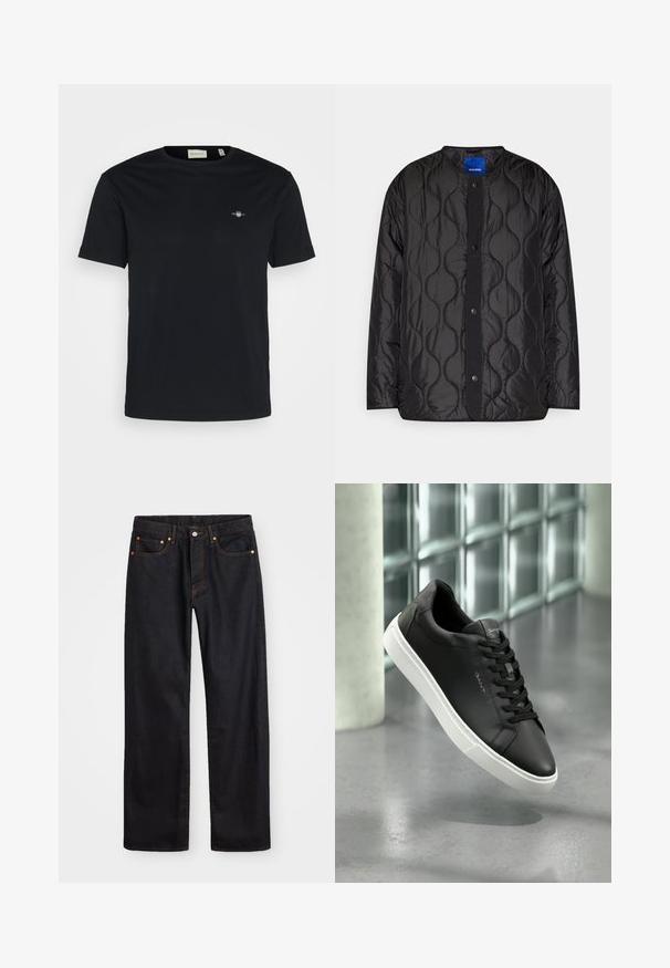 Schwarze gesteppte Jacke mit rundem Kragen, Druckknopf-Frontverschluss und strukturiertem Wellenmuster auf dem Stoff.; Schwarzes Baumwoll-T-Shirt mit Rundhalsausschnitt, kurzen Ärmeln und kleinem Logo auf der Brust. Glatte Textur, normale Passform und keine sichtbaren Muster.; Herren gerade geschnittene schwarze Jeans aus Denim mit fünf Taschen und orangefarbenen Nähten, Knopf- und Reißverschluss vorne am Bund.; Schwarze Ledersneaker mit weißer Gummisohle, runden Zehen und Schnürung. Verfügt über eine glatte Textur und dezente Markenkennzeichnung auf der Zunge.
