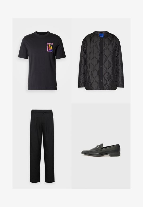 Schwarze gesteppte Jacke mit rundem Kragen, Druckknopf-Frontverschluss und strukturiertem Wellenmuster auf dem Stoff.; Schwarzes T-Shirt mit kurzen Ärmeln, das ein bunt gesticktes Grafikdesign auf der linken Brust zeigt, mit der Aufschrift "Scotch Amsterdam". Aus weichem Baumwollstoff.; Schwarze Hose aus glattem Stoff, mit geradem Bein Design, zwei vorderen Falten und einem Standardbund mit Gürtelschlaufen.; Schwarzer Lederloafer mit glatter Oberfläche, ausgestattet mit einer gesteppten Gestaltung und einem dekorativen Metallkettendetail über dem Vorderblatt. Flacher Absatz.