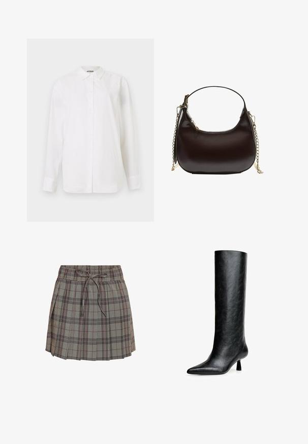 Olijfgroene suède jas met een hoge kraag, twee zijzakken en een geribde tailleband. Soepele textuur en verfijnde ontwerpdetails.; Witte button-up shirt van gladde stof. Kenmerkt zich door een klassieke kraag, lange mouwen en een rechte snit zonder zichtbare patronen of versieringen.; Geruite rok met een elastische tailleband en verstelbaar trekkoord. Heeft een lichtgrijze basis met zwart en rode geblokte patronen.; Zwarte kniehoge laars gemaakt van gestructureerd leer. Heeft een spitse neus en een kleine, vloeiende hak. Strakke, gladde vormgeving met minimale accenten.; Zwarte leren schoudertas met een gebogen silhouet, voorzien van een gouden kettingriem en een soepele, glanzende afwerking.