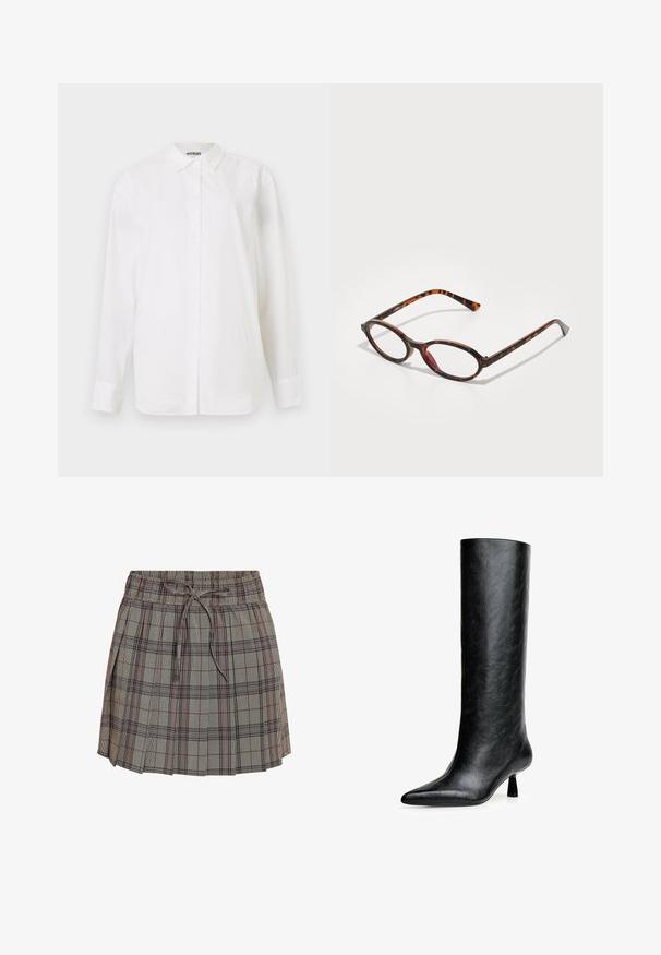 Giacca in suede verde oliva con colletto alto, due tasche frontali e vita a costine. Texture liscia e dettagli di design su misura.; Camicia bianca con bottoni realizzata in tessuto liscio. Presenta un colletto classico, maniche lunghe e una linea dritta senza motivi visibili o decorazioni.; Gonna a quadre con vita elastica e cordoncino regolabile. Presenta una base grigia chiara con motivi a scacchi neri e rossi.; Stivale nero al ginocchio realizzato in pelle testurizzata. Caratterizzato da una punta affilata e un tacco piccolo e svasato. Design elegante e liscia con accentuazioni minime.; Occhiali da sole tartarugati con lenti ovale, caratterizzati da una montatura scura con motivi marroni chiari e scuri, e aste sottili e curate.; Borsa a tracolla in pelle nera con silhouette curva, dotata di una tracolla in catena dorata e una finitura liscia e lucida.
