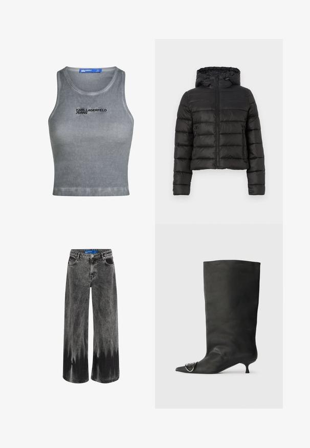 Musternööriga must puffjakkk, millel on kapuuts, vertikaalne tõmblukk, horisontaalne tikand ja elastsed mansetid, mis tagavad mugava istuvuse.; Hall ristiga tank top ümmarguse kaelusega. Esipaneelil on musta tikandiga "KARL LAGERFELD JEANS". Sile tekstuur, lühendatud pikkus.; Laiene jalad, fookuses tuhm must denimm, millel on dip-dye efekt, terasest detailid ja klassikaline viie tasku disain koos standaardse vöökohaga.; Must musta põlve kõrgune saapakäik terava nina, väike konts ja metallist aktsentdetail nina peal. Ühtlane, matt tekstuur kogu ulatuses.