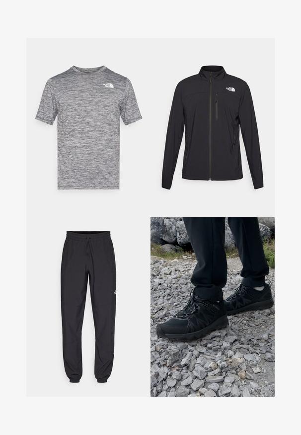 Črna lahka jakna z visokim ovratnikom, sprednjim zadrgo, dvema stranskima žepoma in majhnim logotipom na prsih. Gladka tekstura in športen kroj.; Sivo kratkoslečeno majico z meliranim vzorcem, okroglo ovratnikom in majhnim belim logotipom na levi prsi. Mehka, lahka tkanina.; Črne atletske hlače iz lahkega materiala, ki imajo elastični pas z vezalko, stranske žepe in zožene manšete na gležnjih.; Črne zunanje čevlje iz mrežastega in sintetičnega materiala, s teksturiranim zgornjim delom, zavarovanim sistemom vezalk in trdim podplatom, na skalnatem terenu.