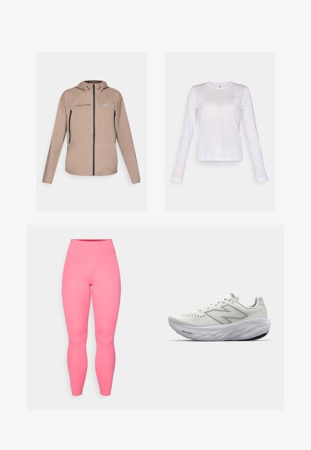 Šviesiai ruda lengva striukė su prigludusia kapuce, užtrauktuku priekyje ir kišenėmis, su subtiliu logotipo akcentu. Lygus audinys su tekstūriniais detalėmis.; New Balance ATHLETICS LONG SLEEVE - Ilgarankovis viršutinės dalies drabužis - taro heather; Rožinės aktyvios legging kelnės su aukštu juosmeniu, pagamintos iš elastingos medžiagos. Yra sklandžios tekstūros ir be matomų raštų ar akcentų.; Baliniai sportiniai bateliai su tinklinio viršumi, turintys paminkštintą apykaklę, tekstūruotą padas ir "Fresh Foam" prekės ženklo logotipą ant vidurio pado.