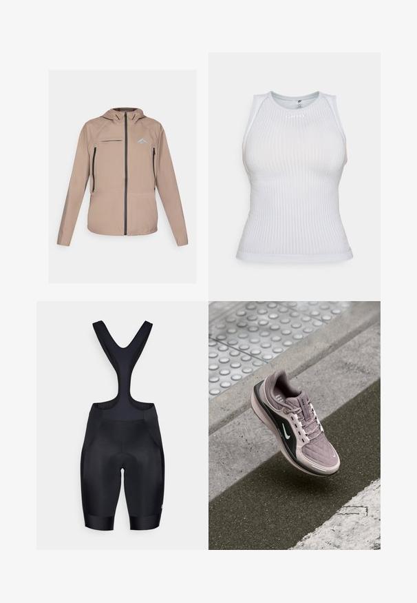 Lehká béžová bunda s přiléhavou kapucí, zipem vpředu a kapsami, s jemným logem. Hladká tkanina s texturovanými detaily.; Bílé přiléhavé bezrukávové tričko s ribbovanou texturou, kulatým výstřihem a nenápadným logem. Hladká tkanina a minimalistický design.; Černé cyklistické kraťasy s texturovaným šle, které mají polstrovanou sedací část a přiléhavý design se hladkým povrchem.; Světle fialová sportovní bota s prošívanou texturou, černými bočními akcenty a bílým logem. Disponuje tkaničkami a podšívkou pro pohodlí.