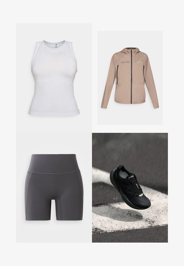 Lett beige jakke med en tilpasset hette, glidelåsåpning og lommer, samt subtil logoakcent. Glatt stoff med teksturerte detaljer.; Hvit tettsittende ermeløs topp med ribbet tekstur, rund halslinje og subtil logo detaljer. Glatt stoff og minimalistisk design.; Grå treningsshorts med høy midje, laget av glatt, elastisk stoff. Har flatlock-sømmer og en tettsittende design.; Svart løpesko med teksturert overdel, slank design og reflekterende detaljer. Har en myk, polstret såle for komfort.