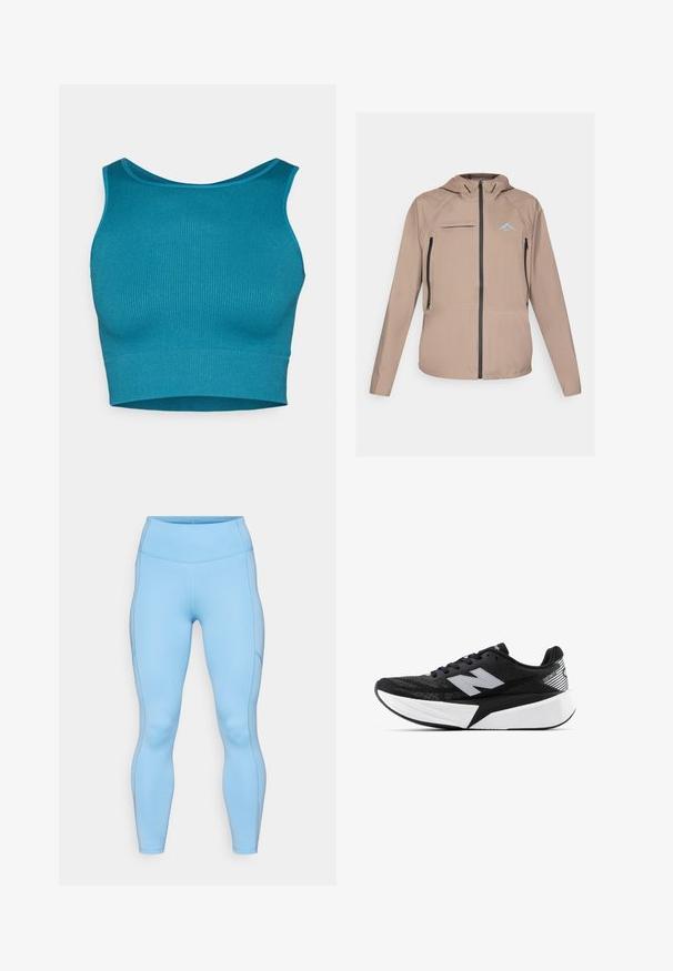 Lightweight beige jacket with a fitted hood, zippered front and pockets, and subtle logo accent. Smooth fabric with textured detailing.; Teal ribbed cropped tank top with a round neckline and wide straps, made from stretch fabric for a fitted look. Textured surface detail.; Light blue leggings made of stretchy fabric. Features a high waistband, smooth texture, and curved seams along the legs.; Black and white New Balance running shoe with thick sole, mesh upper, and "N" logo on the side, viewed from the outer side.
