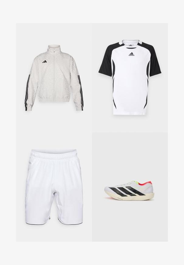 White zip-up jacket with a patterned texture, featuring black three-stripe accents on the sleeves and an embroidered logo on the chest.; Short-sleeve Adidas t-shirt in white with black accents. Features a crew neck, vertical texture, and side detailing for athletic fit.; White athletic shorts made of lightweight fabric. Features an elastic waistband and side pockets, with contrasting black trim at the hem.; White running shoe with black stripes, neon green accents, and a red heel. Features a lightweight design and textured sole for grip.