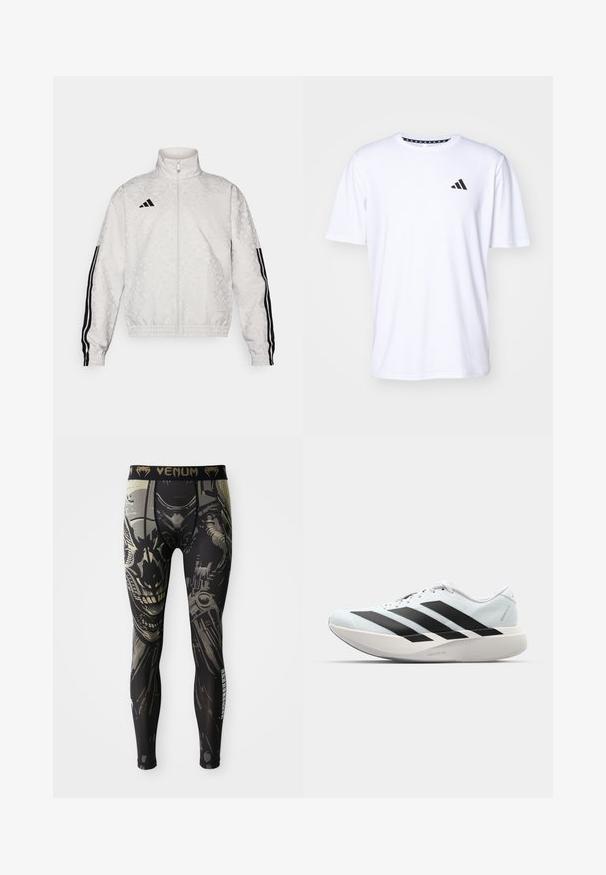 White zip-up jacket with a patterned texture, featuring black three-stripe accents on the sleeves and an embroidered logo on the chest.; White short-sleeve t-shirt made of fabric with a smooth texture. Features a black adidas logo on the left chest and a patterned collar.; Black and gray compression leggings with a detailed robot or cyborg face design and "VENUM" logo on the waistband.; Lightweight running shoes in pale blue with black stripes. Features a smooth upper, round toe, and thick white midsole labeled "LIGHTSTRIKE PRO."