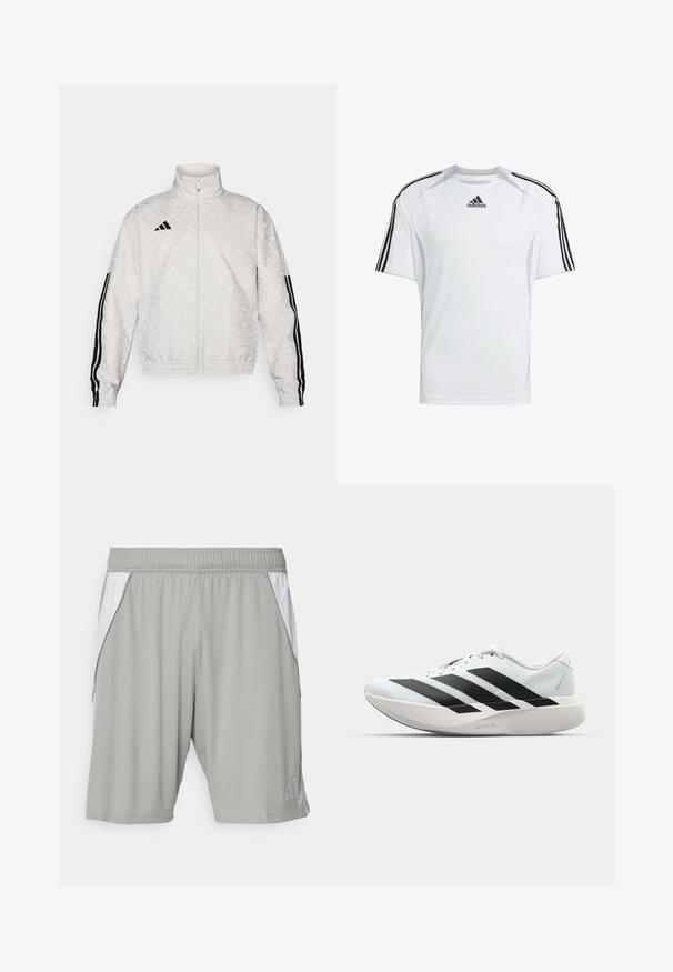 Bílá zipová bunda se vzorovanou texturou, s černými třemi pruhy na rukávech a vyšívaným logem na hrudi.; Bílý krátký sportovní rukáv s černými akcenty tří pruhů Adidas na ramenou, vyrobený z hladké a lehké tkaniny.; Šedé sportovní šortky vyrobené z lehkého materiálu, s bílými postranními panely, elastickým pasem a malým logem v dolním rohu.; Lehké běžecké boty v světle modré barvě s černými pruhy. Mají hladký svršek, kulatou špičku a silnou bílou mezipodešev označenou "LIGHTSTRIKE PRO."