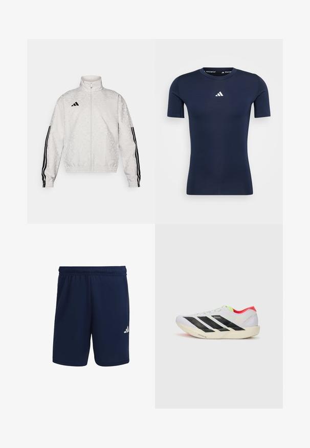 Hvit zip-up jakke med mønstret tekstur, med svarte tre-stripes aksenter på ermene og et brodert logo på brystet.; adidas Performance TEE - T-skjorte til trening - legend ink; Marineblå idrettsshorts laget av lett materiale, med elastisk midje og en hvit logo på nederste venstre ben.; Hvite joggesko med svarte striper, neongrønne detaljer og rød hæl. Har et lett design og teksturert såle for grep.