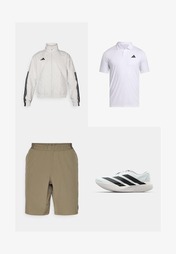 Jaqueta branca com fecho éclair, com uma textura em padrão, apresentando detalhes pretos em três riscas nas mangas e um logótipo bordado no peito.; Camisola polo branca feita de tecido respirável com colarinho, com mangas curtas e um logo preto da Adidas no lado esquerdo do peito.; Bermudas em caqui com uma textura suave, cintura elástica com a palavra "BJORN" numa cor tonal e aberturas laterais para ventilação.; Tênis de corrida leves em azul pálido com riscas pretas. Apresentam um cabedal liso, bico redondo e uma entressola espessa branca rotulada como "LIGHTSTRIKE PRO."