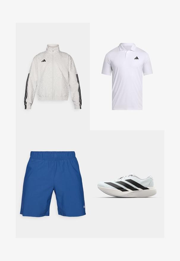 Jaqueta branca com fecho éclair, com uma textura em padrão, apresentando detalhes pretos em três riscas nas mangas e um logótipo bordado no peito.; Camisola polo branca feita de tecido respirável com colarinho, com mangas curtas e um logo preto da Adidas no lado esquerdo do peito.; Bermudas atléticas azul com um cós elástico, textura suave e aberturas laterais, apresentando um pequeno logo na parte inferior da perna direita.; Tênis de corrida leves em azul pálido com riscas pretas. Apresentam um cabedal liso, bico redondo e uma entressola espessa branca rotulada como "LIGHTSTRIKE PRO."