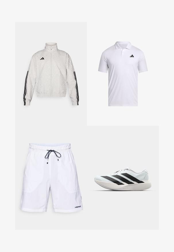 Bílá zipová bunda se vzorovanou texturou, s černými třemi pruhy na rukávech a vyšívaným logem na hrudi.; Bílá polokošile vyrobená z prodyšného materiálu s límečkem, se krátkými rukávy a černým logem Adidas na levé hrudi.; Bílé plavky s tkaničkou v pase a námořnickými akcenty, které mají boční kapsy a logo v dolním levém rohu. Lehká tkanina.; Lehké běžecké boty v světle modré barvě s černými pruhy. Mají hladký svršek, kulatou špičku a silnou bílou mezipodešev označenou "LIGHTSTRIKE PRO."