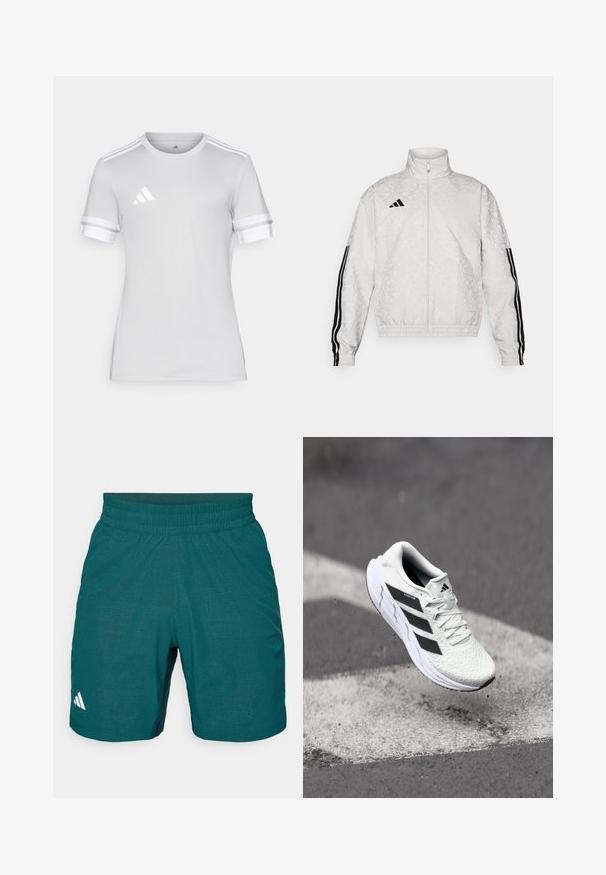 Bijela jakna s patentnim zatvaračem i uzorkom, koja ima crne trostruke detalje na rukavima i izvezeni logo na prsima.; Majica kratkih rukava za sport, svijetlosiva tkanina, okrugli izrez, bijele tri pruge na rukavima, mali reflektirajući logo na prsima.; Tirkizne atletske kratke hlače izrađene od lagane tkanine, s elastičnom elastikom, uzorkovanom teksturom i malim bijelim logotipom s lijeve strane.; Bjela atletska cipela s mrežastim gornjim dijelom s teksturom, crnim prugama, vezanjem na vezice i podstavljenim potplatom, lebdi iznad označene ceste.