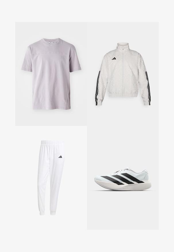 Valge tõmblukuga jakki, millel on mustriline tekstuur, mustade kolme triibuga aktsendid varrukatel ja tikandiga logo rinnal.; Lühikeste varrukatega lavendli värvi puuvillane T-särk, millel on ümmargune kaelus ja diskreetne logo rinnas. Sile tekstuur, mugav lõige.; Valged sportpüksid, mis on valmistatud siledast kangast, omavad elastset vöökohta ja kitsaid mansette, tagakoti peal on must logo.; Kerged jooksujalatsid helesinises värvuses mustade triipudega. Omavad siledat pealispinda, ümarat varvase osa ja paksu valget vahemõõtu, millel on silt "LIGHTSTRIKE PRO".