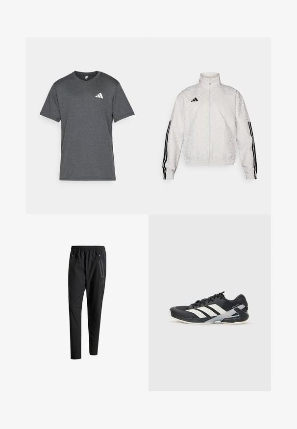 Bílá zipová bunda se vzorovanou texturou, s černými třemi pruhy na rukávech a vyšívaným logem na hrudi.; Tmavě šedé sportovní tričko vyrobené z prodyšné tkaniny, se krátkými rukávy a bílým logem na levé části hrudi. Texturovaný povrch.; Černé sportovní kalhoty s elastickým pasem, dvěma zipovými bočními kapsami, zúženými nohavicemi a decentním logem na boku.; Černá sportovní obuv s bílými pruhy, síťovaným svrškem, zaoblenou špičkou a polstrovanou podrážkou. Obsahuje texturovanou patu a bezpečný systém šněrování.