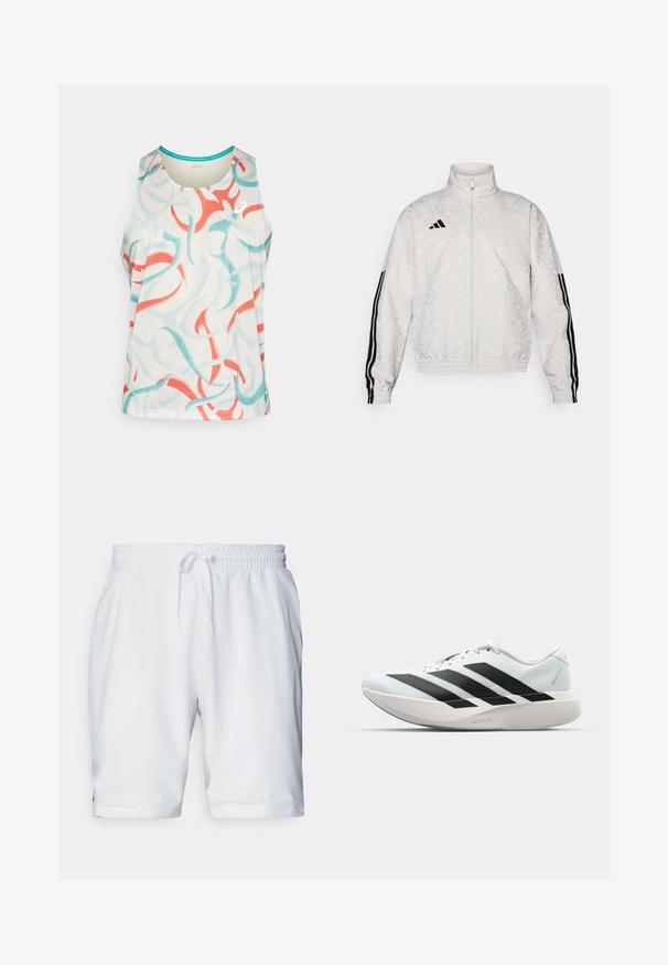 White zip-up jacket with a patterned texture, featuring black three-stripe accents on the sleeves and an embroidered logo on the chest.; Sleeveless athletic tank top in light cream, featuring abstract blue and coral swirls. Made from breathable fabric with a round neckline.; White athletic shorts with an elastic waistband and adjustable drawstring. Smooth fabric with a subtle texture, featuring side pockets.; Lightweight running shoes in pale blue with black stripes. Features a smooth upper, round toe, and thick white midsole labeled "LIGHTSTRIKE PRO."