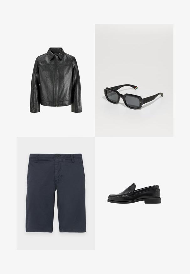 Czarna skórzana kurtka z wyraźnym kołnierzem, przednim zamkiem błyskawicznym i długimi rękawami. Charakteryzuje się gładką fakturą i prostym designem. Bez dodatkowych zdobień.; Czarny sweter, okrągły dekolt, długie rękawy, ściągacze przy mankietach i u dołu, miękka tekstura, jednolity kolor, minimalistyczny design.; Granatowe szorty wykonane z teksturowanej tkaniny, z przednim zapięciem na guzik, szlufkami na pasek oraz standardowymi bocznymi kieszeniami.; Czarne skórzane mokasyny o gładkim wykończeniu, ze stębnowaniem na nosie i niskim obcasem, zapewniającymi komfort i styl.; Czarne prostokątne okulary przeciwsłoneczne z ciemnymi soczewkami, grubymi ramkami, złotymi akcentami i tęczowym paskiem na zausznicy.