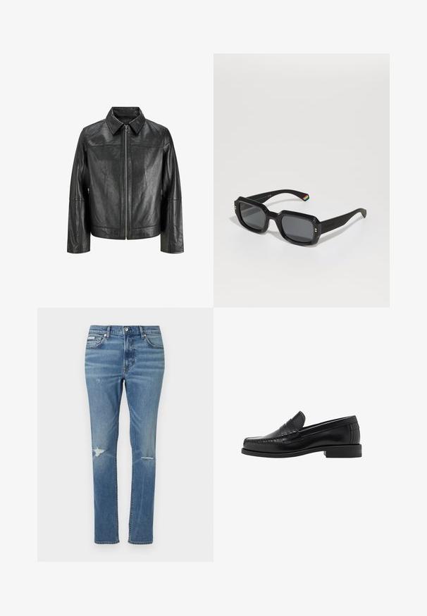 Černá kožená bunda s špičatým límcem, předním zipem a dlouhými rukávy. Má hladkou textura a jednoduchý design. Bez dalších ozdob.; Černý svetr, kulatý výstřih, dlouhé rukávy, žebrované manžety a lem, měkká textura, jednobarevný, minimalistický design.; Světle modré džíny z denimové tkaniny s rovnými nohavicemi, s vytrhanými detaily na kolenou a klasickým pětipocket stylem.; Černé kožené mokasíny s hladkým povrchem, prošíváním na špičce a nízkým podpatkem pro komfort a styl.; Černé obdélníkové sluneční brýle s tmavými skly, silnými rámy, zlatými akcenty a duhovým pruhovaným detailem na straně.