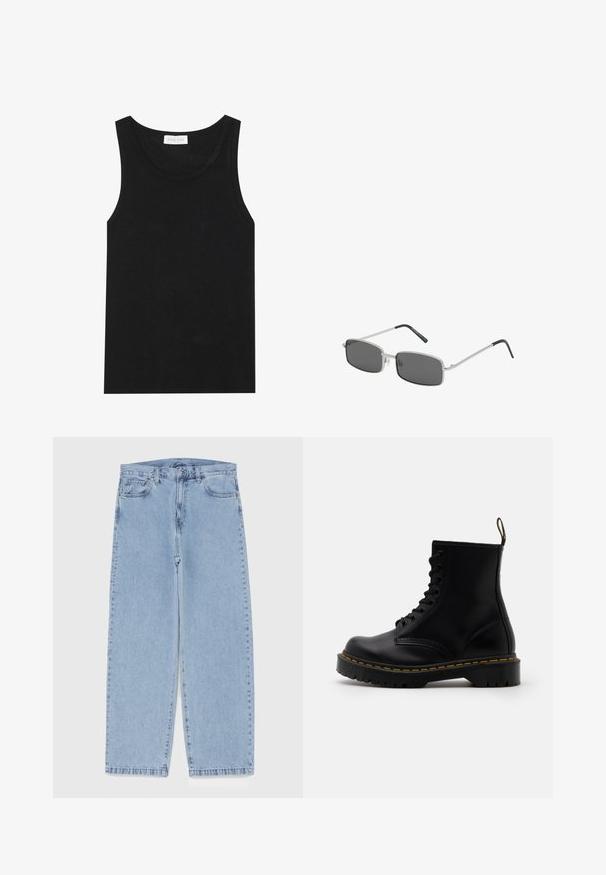 Black leather jacket with a pointed collar, front zipper, and long sleeves. Features a smooth texture and simple design. No additional embellishments.; Black turtleneck sweater with a fitted collar, long sleeves, and ribbed cuffs and hem. Made from soft, stretchy fabric with a smooth texture.; Black tank top made of ribbed fabric, featuring a round neckline and no sleeves, with a straight hem and a minimalistic design.; Light blue denim jeans with straight leg design, featuring a mid-rise waist, five pockets, and a button and zipper closure.; Black leather ankle boots with a lace-up front, yellow stitching, a rounded toe, and a thick, textured rubber sole.; Rectangle-shaped sunglasses with dark gray lenses, thin silver metal frame, and black rubber-coated temple tips. Minimalist design.