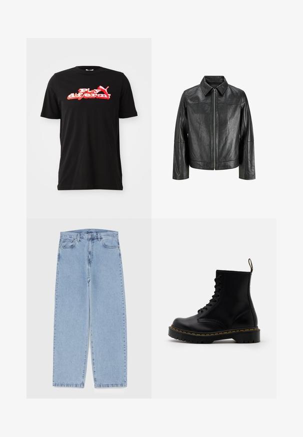 Crna kožna jakna s oštrim kragnom, prednjim zipom i dugim rukavima. Ima glatku teksturu i jednostavan dizajn. Bez dodatnih ukrasa.; Crni pulover s visokim ovratnikom, dugim rukavima i rebrastim manžetama i donjim rubom. Izrađen od mekog, rastezljivog materijala s glatkom teksturom.; Crna pamučna majica s bold grafičkim dizajnom u crvenoj i bijeloj boji s natpisom "Igraj drugačije!" i logotipom. Kratki rukavi i okrugli izrez.; Svijetloplave traperice s ravnim nogavicama, sa srednjim strukom, pet džepova i zatvaranjem na dugme i patentni zatvarač.; Crne kožne gležnjače s vezanjem na prednjoj strani, žutim šavovima, okruglim vrhom i debelim, teksturiranim gumenim potplatom.