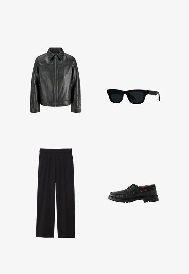 Black leather jacket with a pointed collar, front zipper, and long sleeves. Features a smooth texture and simple design. No additional embellishments.; Black turtleneck sweater with a fitted collar, long sleeves, and ribbed cuffs and hem. Made from soft, stretchy fabric with a smooth texture.; Black wide-leg trousers with a pleated front, side pockets, and a smooth fabric texture. Designed for a relaxed fit.; Black leather boat shoe with a rounded toe, lace-up design, and textured rubber sole. Features stitching accents and metal eyelets.; Black sunglasses with square frames, dark lenses, and smooth plastic material. Features small, round accents on the front and slender arms.
