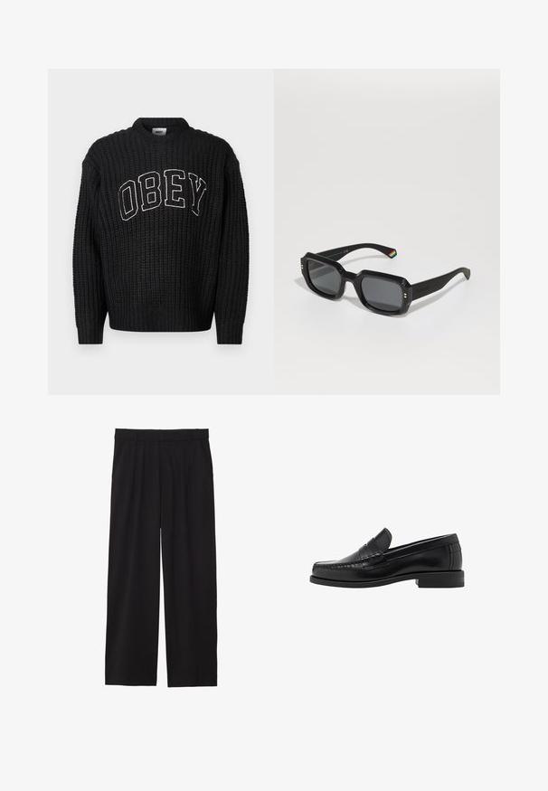 Zwarte leren jas met een puntige kraag, een rits aan de voorkant en lange mouwen. Heeft een gladde textuur en een eenvoudig ontwerp. Geen extra versieringen.; Zwarte gebreide trui met een ronde halslijn, met "OBEY" in witte borduursel over de borst. Geheel met een gestructureerd patroon.; Zwarte wijde broek met geplooide voorkant, zijzakken en een gladde stoftextuur. Ontworpen voor een ontspannen pasvorm.; Zwarte leren instappers met een gladde afwerking, gestikte details op de neus en een lage hakontwerp voor comfort en stijl.; Zwarte rechthoekige zonnebril met donkere lenzen, dikke randen, gouden accenten en een regenbooggestreepte detail op de arm.