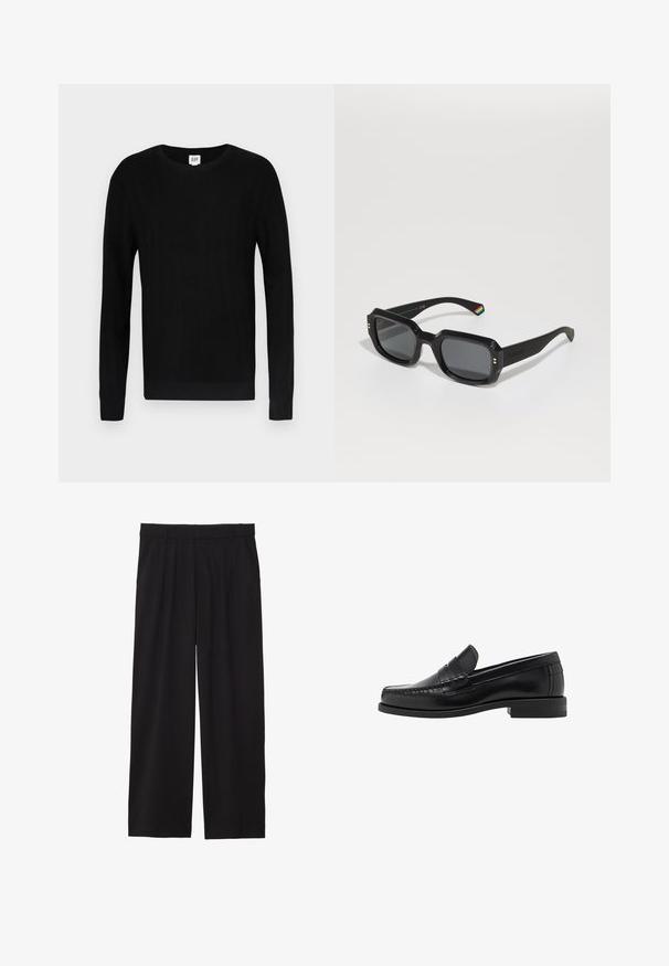 Crna kožna jakna s oštrim kragnom, prednjim zipom i dugim rukavima. Ima glatku teksturu i jednostavan dizajn. Bez dodatnih ukrasa.; Crni džemper s rebrastom teksturom, dugim rukavima i okruglim izrezom. Ima uski kroj i čist dizajn. Logo brenda na vratu.; Crne široke hlače s nabranim prednjim dijelom, bočnim džepovima i glatkom teksturom tkanine. Dizajnirane za opušteni kroj.; Crne kožne mokasine s glatkom površinom, šivenim detaljima na prstu i dizajnom niskog potplata za udobnost i stil.; Crne pravokutne sunčane naočale s tamnim lećama, debelim okvirom, zlatnim detaljima i duginim prugama na drški.
