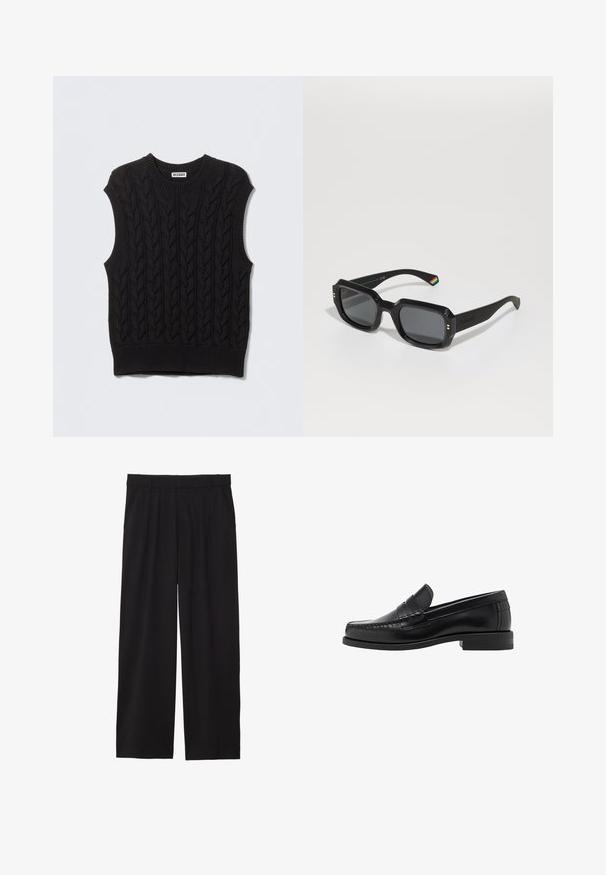Zwarte leren jas met een puntige kraag, een rits aan de voorkant en lange mouwen. Heeft een gladde textuur en een eenvoudig ontwerp. Geen extra versieringen.; Zwarte gebreide mouwloze trui met een kabelgebreid patroon, ronde halslijn en geribbelde zoom. Gemaakt van een getextureerde stof voor warmte.; Zwarte wijde broek met geplooide voorkant, zijzakken en een gladde stoftextuur. Ontworpen voor een ontspannen pasvorm.; Zwarte leren instappers met een gladde afwerking, gestikte details op de neus en een lage hakontwerp voor comfort en stijl.; Zwarte rechthoekige zonnebril met donkere lenzen, dikke randen, gouden accenten en een regenbooggestreepte detail op de arm.