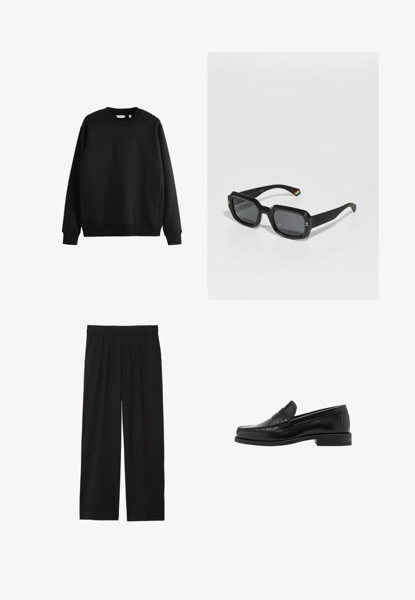 Czarna skórzana kurtka z wyraźnym kołnierzem, przednim zamkiem błyskawicznym i długimi rękawami. Charakteryzuje się gładką fakturą i prostym designem. Bez dodatkowych zdobień.; Czarny sweatshirt wykonany z gładkiego materiału, z okrągłym dekoltem i ściągaczami na rękawach. Posiada prosty dół i minimalistyczny design.; Czarne spodnie w stylu szerokich nogawek z plisowanym przodem, bocznymi kieszeniami i gładką teksturą materiału. Zaprojektowane w luźnym kroju.; Czarne skórzane mokasyny o gładkim wykończeniu, ze stębnowaniem na nosie i niskim obcasem, zapewniającymi komfort i styl.; Czarne prostokątne okulary przeciwsłoneczne z ciemnymi soczewkami, grubymi ramkami, złotymi akcentami i tęczowym paskiem na zausznicy.