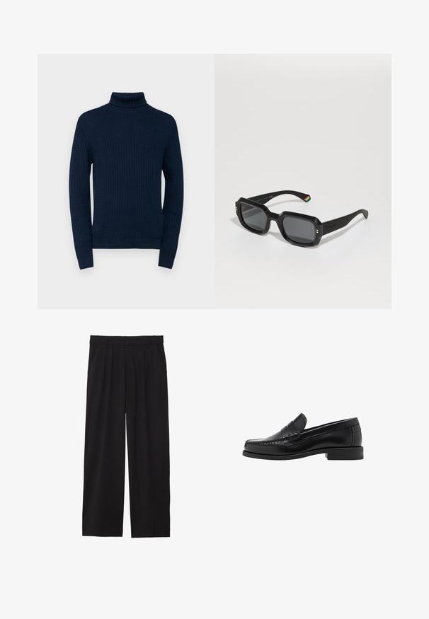 Zwarte leren jas met een puntige kraag, een rits aan de voorkant en lange mouwen. Heeft een gladde textuur en een eenvoudig ontwerp. Geen extra versieringen.; Marineblauwe coltrui met een gestructureerd patroon, lange mouwen en een geribbelde kraag en manchetten, gemaakt van een lichtgewicht breimateriaal.; Zwarte wijde broek met geplooide voorkant, zijzakken en een gladde stoftextuur. Ontworpen voor een ontspannen pasvorm.; Zwarte leren instappers met een gladde afwerking, gestikte details op de neus en een lage hakontwerp voor comfort en stijl.; Zwarte rechthoekige zonnebril met donkere lenzen, dikke randen, gouden accenten en een regenbooggestreepte detail op de arm.