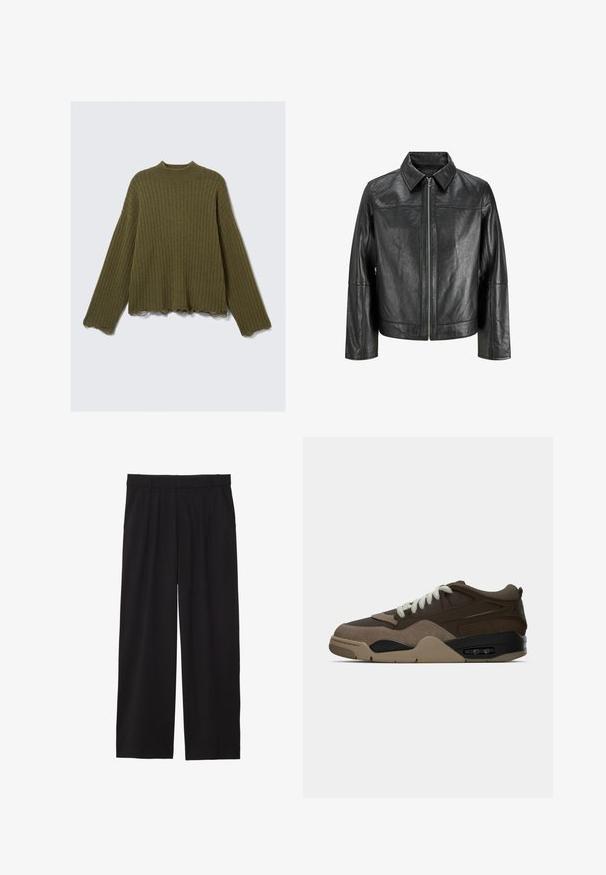 Black leather jacket with a pointed collar, front zipper, and long sleeves. Features a smooth texture and simple design. No additional embellishments.; Long-sleeve olive green ribbed knit sweater with raw, frayed edges on cuffs and hem, laid flat on a white background.; Black wide-leg trousers with a pleated front, side pockets, and a smooth fabric texture. Designed for a relaxed fit.; Low-top sneaker in shades of brown with light beige laces, textured sole, and visible air cushioning in the heel.