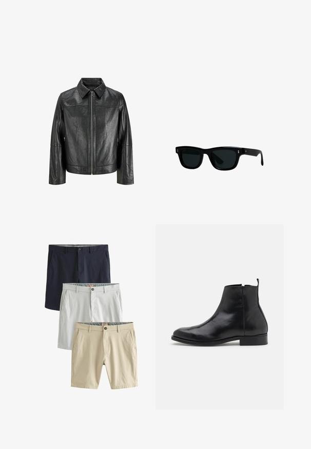 Black leather jacket with a pointed collar, front zipper, and long sleeves. Features a smooth texture and simple design. No additional embellishments.; Denim shirt, light blue, long sleeves, buttoned front, collar, single chest pocket, straight hem, subtle texture, casual design.; Three pairs of shorts: navy blue, light gray, and beige, all made of smooth fabric, featuring front pockets and button closures.; Zign LEATHER - Classic ankle boots - black; Black sunglasses with square frames, dark lenses, and smooth plastic material. Features small, round accents on the front and slender arms.; Green tie with a paisley pattern in brown and gold. It features a textured fabric and a narrow design with a pointed tip.