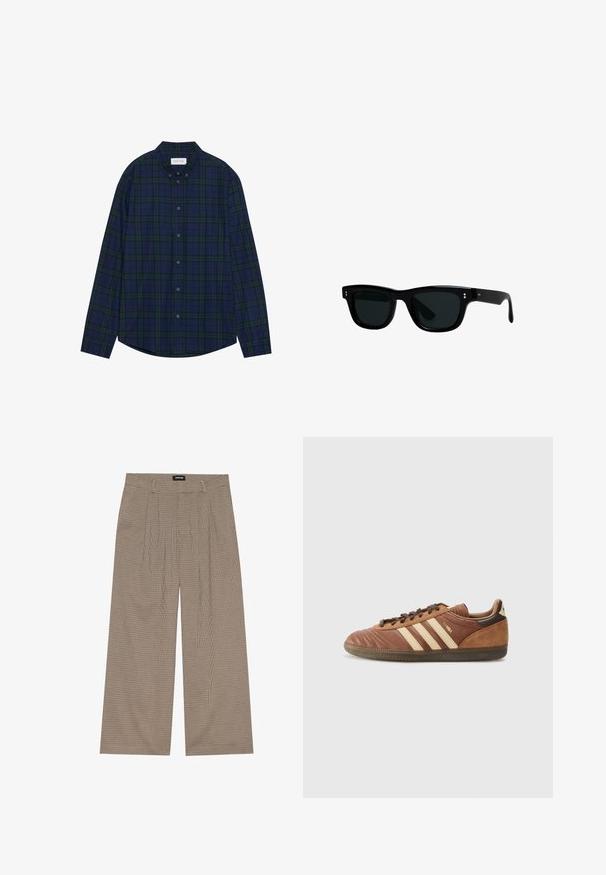 Zwarte leren jas met een puntige kraag, een rits aan de voorkant en lange mouwen. Heeft een gladde textuur en een eenvoudig ontwerp. Geen extra versieringen.; Navy en groene geblokte button-down shirt met een afgeronde onderkant, lange mouwen en een kraag. Heeft twaalf knoopsluitingen. Zachte stoftextuur.; Zwarte katoen t-shirt met korte mouwen, ronde hals en een relaxte fit. Soepele textuur en minimalistisch ontwerp, geen patronen of accenten.; Geruite wijde broek in beige en bruin met een hoge taille en geplooide voorkant, gemaakt van zachte stof voor comfort en een mooie val.; adidas Originals SAMBA UNISEX - Sneakers laag - preloved brown/sand strata/dark brown; Zwarte zonnebril met vierkante monturen, donkere lenzen en glad plastic materiaal. Heeft kleine, ronde accenten aan de voorkant en slanke armen.