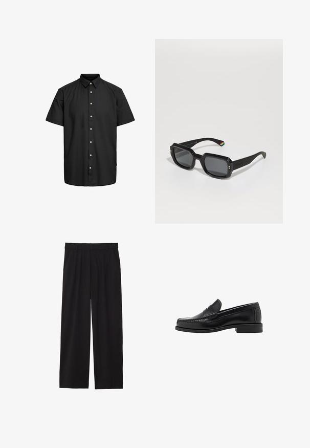 Zwarte leren jas met een puntige kraag, een rits aan de voorkant en lange mouwen. Heeft een gladde textuur en een eenvoudig ontwerp. Geen extra versieringen.; Zwarte korte mouwen shirt van gladde stof, met een button-down kraag, voorknopen met lichte accenten, en een rechte zoom.; Zwarte wijde broek met geplooide voorkant, zijzakken en een gladde stoftextuur. Ontworpen voor een ontspannen pasvorm.; Zwarte leren instappers met een gladde afwerking, gestikte details op de neus en een lage hakontwerp voor comfort en stijl.; Zwarte rechthoekige zonnebril met donkere lenzen, dikke randen, gouden accenten en een regenbooggestreepte detail op de arm.