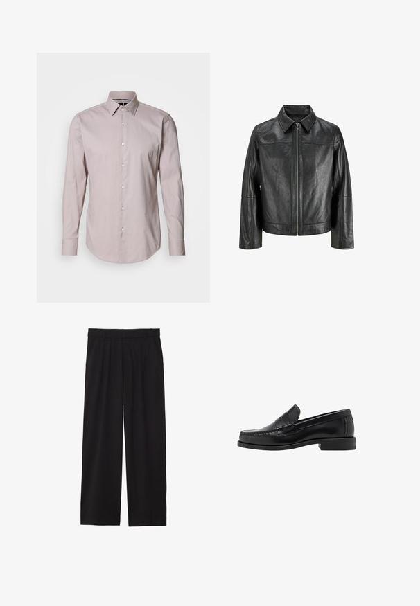 Zwarte leren jas met een puntige kraag, een rits aan de voorkant en lange mouwen. Heeft een gladde textuur en een eenvoudig ontwerp. Geen extra versieringen.; Lichtroze overhemd met lange mouwen en knopen, voorzien van een kraag, met witte knopen en een gladde, geweven textuur. Het shirt heeft een gebogen zoom.; Zwarte wijde broek met geplooide voorkant, zijzakken en een gladde stoftextuur. Ontworpen voor een ontspannen pasvorm.; Zwarte leren instappers met een gladde afwerking, gestikte details op de neus en een lage hakontwerp voor comfort en stijl.