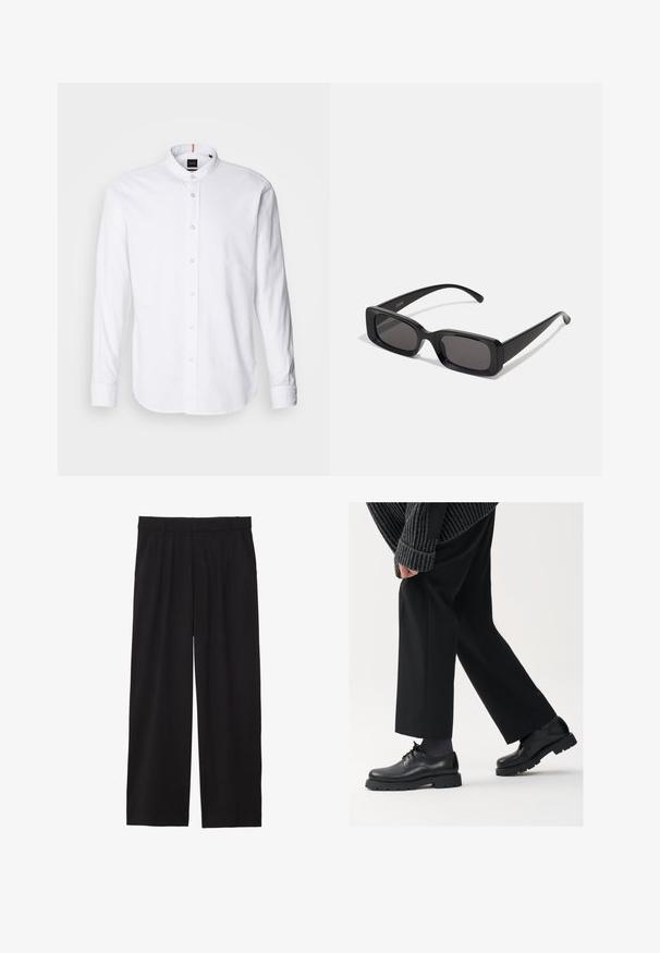 Zwarte leren jas met een puntige kraag, een rits aan de voorkant en lange mouwen. Heeft een gladde textuur en een eenvoudig ontwerp. Geen extra versieringen.; Witte lange mouwen shirt met een bandkraag, knoopsluiting aan de voorkant en afgeronde zoom. Gemaakt van katoen, met een gladde textuur en subtiele glans.; Zwarte wijde broek met geplooide voorkant, zijzakken en een gladde stoftextuur. Ontworpen voor een ontspannen pasvorm.; Zwarte leren schoenen met een afgeronde neus, vetersluiting en een dikke, getextureerde zool. Draagt een gepaste zwarte broek en een geribbelde trui.; Zwarte rechthoekige zonnebril met donkere lenzen, glanzende afwerking, brede pootjes en een robuust frameontwerp. Gegraveerde merknaam op één van de pootjes.; Zwarte stropdas van gladde stof, met een slanke, verlengde vorm en een puntige punt zonder zichtbare patronen of accenten.