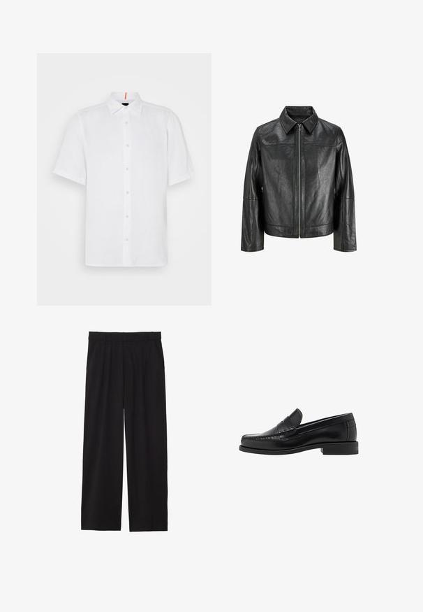 Giacca in pelle nera con colletto appuntito, zip frontale e maniche lunghe. Presenta una texture liscia e un design semplice. Nessun ulteriore abbellimento.; Camicia bianca a maniche corte in lino con taglio dritto. Presenta una chiusura a bottoni sul davanti, colletto classico e dettagli di cucitura discreti.; Pantaloni neri a gamba larga con frontale plissettato, tasche laterali e una texture di tessuto liscia. Progettati per un fit comodo.; Mocassini in pelle nera con una finitura liscia, dettagli cuciti sulla punta e un design a tacco basso per comfort e stile.
