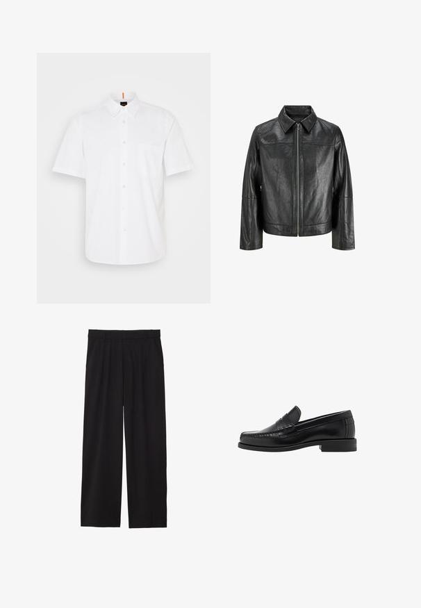 Giacca in pelle nera con colletto appuntito, zip frontale e maniche lunghe. Presenta una texture liscia e un design semplice. Nessun ulteriore abbellimento.; Camicia bianca a maniche corte con bottoni, realizzata in cotone, dotata di una tasca sul petto, colletto classico e dettagli di cucitura sottili.; Pantaloni neri a gamba larga con frontale plissettato, tasche laterali e una texture di tessuto liscia. Progettati per un fit comodo.; Mocassini in pelle nera con una finitura liscia, dettagli cuciti sulla punta e un design a tacco basso per comfort e stile.