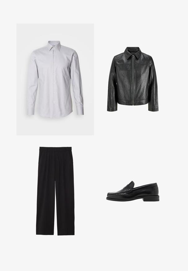 Musta nahkatakki, jossa on terävä kaulus, edessä vetoketju ja pitkät hihat. Sisältää sileän pinnan ja yksinkertaisen muotoilun. Ei ylimääräisiä koristeita.; Vaaleanharmaa pitkähiha-aita, jossa on napillinen kaulus, valmistettu kudotusta kankaasta. Aita on klassinen istuvuudeltaan ja siinä on valkoiset napit edessä.; Mustat väljät housut, joissa on laskostettu etuosa, sivutaskut ja sileä kankaan rakenne. Suunniteltu rentoa istuvuutta varten.; Musta nahkayksilöinen loafersi, jossa on sileä pinta, ommellut yksityiskohdat varpaisiin ja matala kanta mukavuutta ja tyyliä varten.