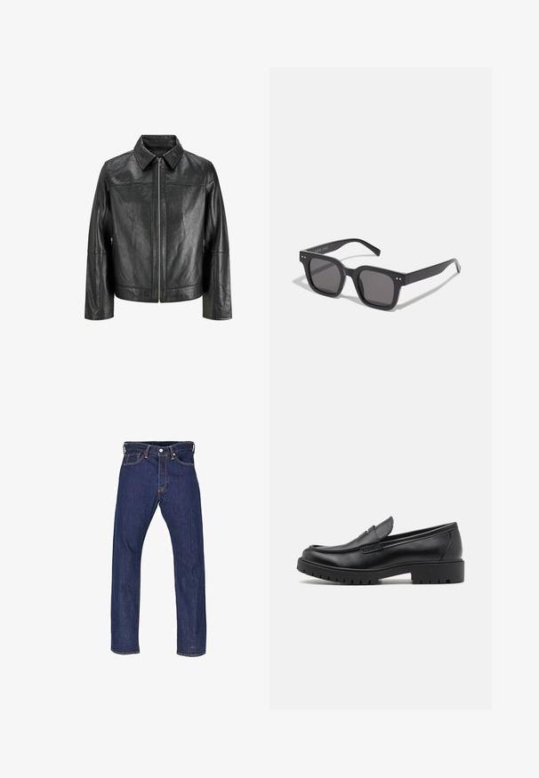 Jachetă din piele neagră cu guler ascuțit, fermoar frontal și mâneci lungi. Se remarcă printr-o textură netedă și un design simplu. Fără embellishementuri suplimentare.; Top fără mâneci alb, realizat din bumbac canelat. Are un guler rotund și o textură netedă. Eticheta spune "PULL&BEAR."; Jeans din denim albastru închis cu o croială dreaptă, cinci buzunare și cusături în contrast. Dispune de un sistem de închidere cu nasture și rivete metalice.; Mocasini din piele neagră cu vârf rotund, design slip-on și talpă groasă din cauciuc cu un grip texturat. Toc înălțat și detalii subtile de cusătură.; Ochelari de soare negri, de formă rectangulară, cu lentile închise, având un cadru gros, accente subtile pe margini și fără logo-uri vizibile în afară de numele brandului.; Set de cinci inele din argint: două brățări netede, unul rectangular, unul zimțat și o brățară deschisă cu zale, toate având un finisaj lustruit.