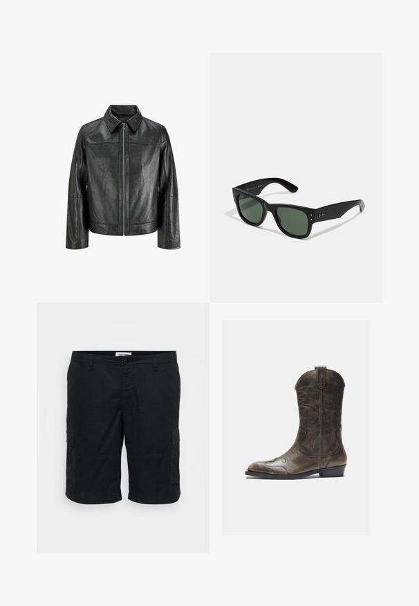 Veste en cuir noir avec un col pointu, fermeture éclair à l'avant et manches longues. Présente une texture lisse et un design simple. Pas d'ornements supplémentaires.; Solid SDNAHIM - T-shirt à manches longues - true black; Shorts cargo noirs en coton. Les caractéristiques incluent deux poches latérales, une coupe décontractée, et un devant plat avec une fermeture à bouton.; Botte de cow-boy en cuir marron avec un long tige, un bout pointu, des motifs de couture complexes et un petit talon. Finition texturée tout au long.; Lunettes de soleil rectangulaires noires avec verres verts, finition mate, accents matériels subtils et logo en relief sur la branche.; Montre en acier inoxydable argenté avec un cadran rond blanc, lunette tachymétrique noire, accents verts et bracelet en maillons métalliques.