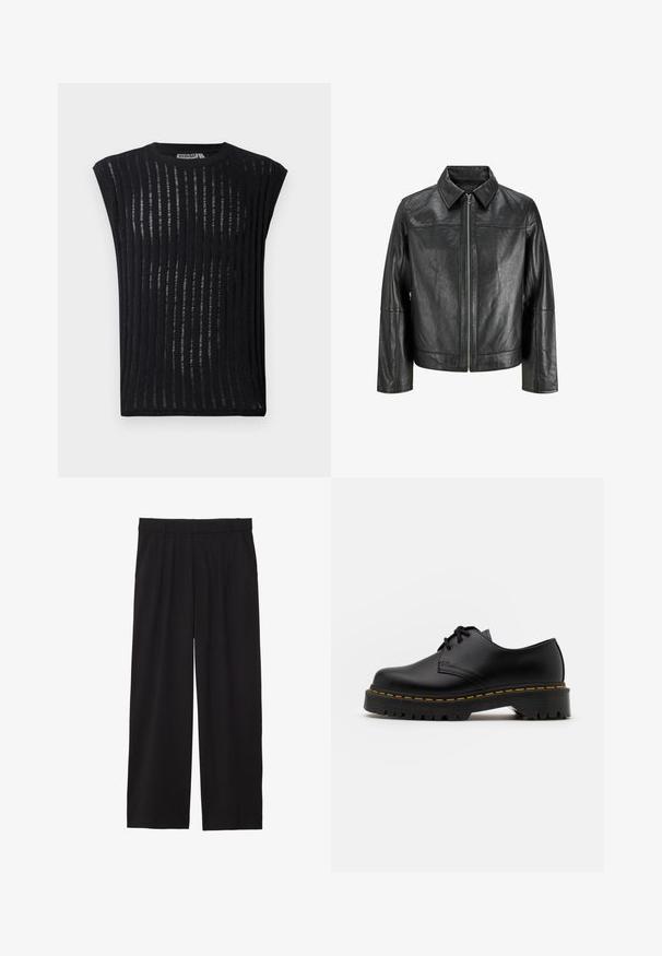 Juodas odinis švarkas su smailiu apykakle, priekiniais užtrauktukais ir ilgomis rankovėmis. Yra lygus paviršius ir paprastas dizainas. Be papildomų puošmenų.; Juodas trumpomis rankovėmis viršus, pagamintas iš lengvo audinio su vertikaliomis dryžiais. Turi apvalų iškirpimą ir prigludusią siluetą.; Juodos platėjančios kelnės su pločiu priekiniu raukiniu, šoninėmis kišenėmis ir lygiu audiniu. Sukurtos patogiam prigludimui.; Juoda odinė lakuota avalynė su apvaliu pirštu, tekstūruota gumine padu ir geltona siūlelių apdaila aplink bazę. Lygus dizainas ir glotnus paviršius.