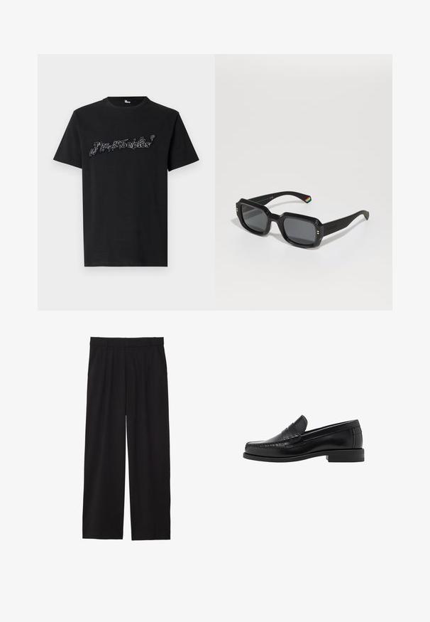 Giacca in pelle nera con colletto appuntito, zip frontale e maniche lunghe. Presenta una texture liscia e un design semplice. Nessun ulteriore abbellimento.; T-shirt nera in cotone con design grafico testuale bianco stilizzato sulla parte anteriore. Maniche corte, scollo rotondo e vestibilità comoda.; Pantaloni neri a gamba larga con frontale plissettato, tasche laterali e una texture di tessuto liscia. Progettati per un fit comodo.; Mocassini in pelle nera con una finitura liscia, dettagli cuciti sulla punta e un design a tacco basso per comfort e stile.; Occhiali da sole rettangolari neri con lenti scure, montatura spessa, dettagli dorati e una striscia arcobaleno sul braccio.