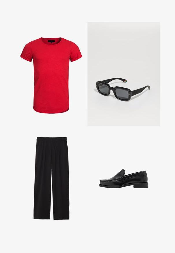 Black leather jacket with a pointed collar, front zipper, and long sleeves. Features a smooth texture and simple design. No additional embellishments.; Red cotton t-shirt with a round neckline, short rolled sleeves, and a slightly curved hem. Fabric has a subtle texture and is fitted.; Black wide-leg trousers with a pleated front, side pockets, and a smooth fabric texture. Designed for a relaxed fit.; Black leather loafers with a smooth finish, stitched detailing on the toe, and a low heel design for comfort and style.; Black rectangular sunglasses with dark lenses, thick frames, gold accents, and a rainbow-striped detail on the arm.